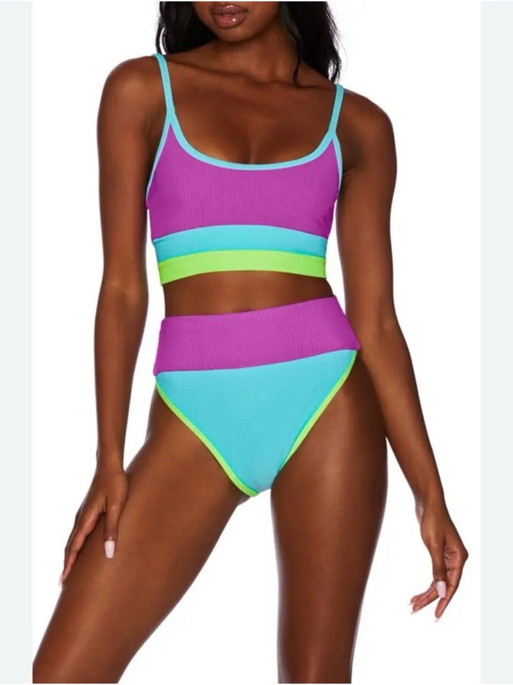 Beach Riot Purple, Aqua & Lime Colorblock High-Waist Bikini top and bottom.